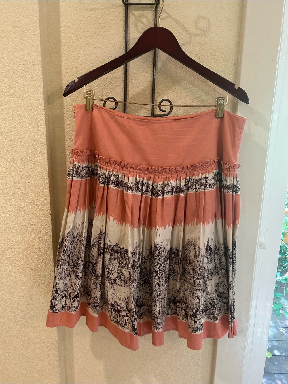 Anthropologie Odille Coral and Cream Printed Circle Skirt